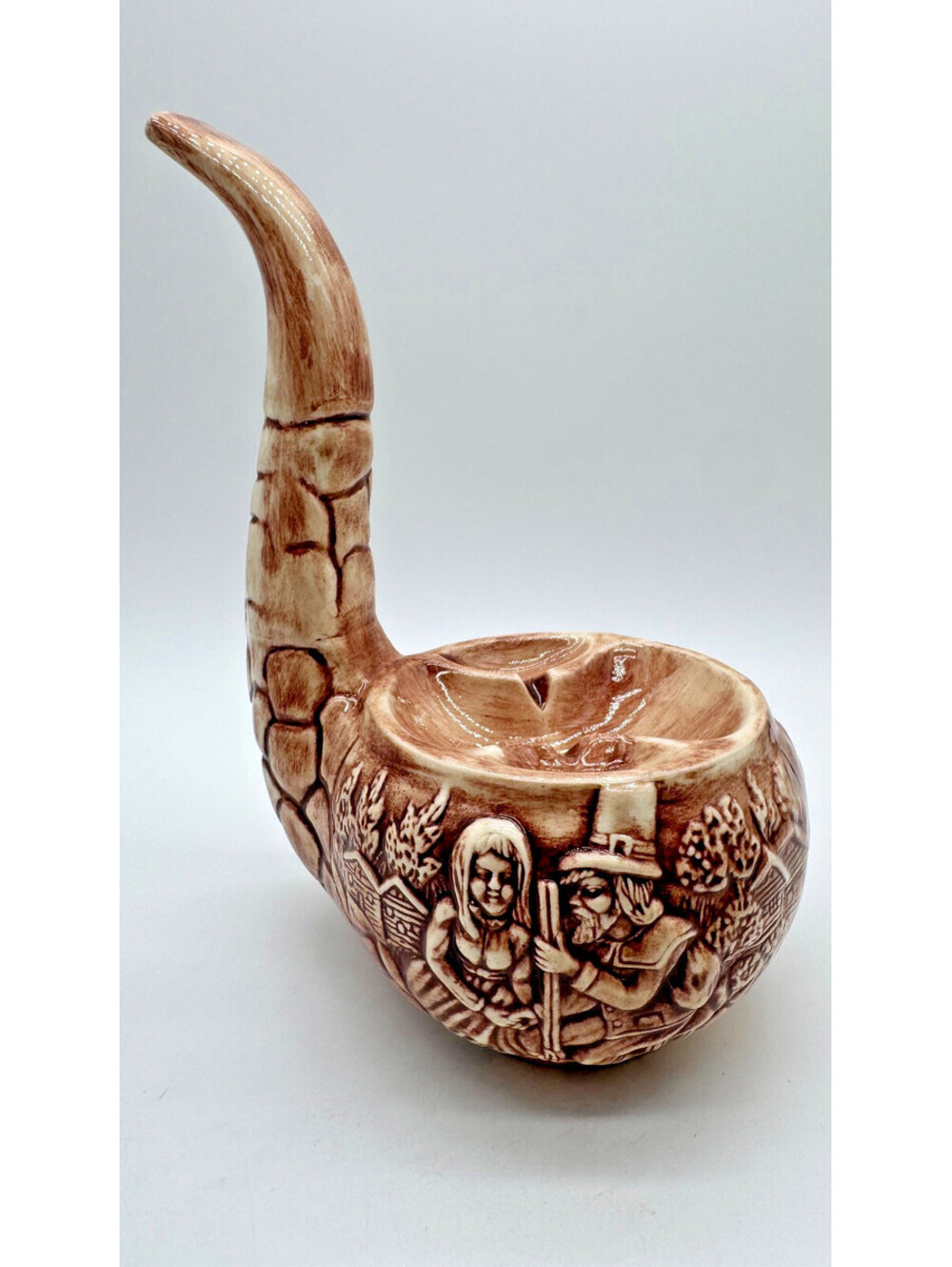 Large Vintage Ceramic Pipe Ashtray Table Lighter Pilgrim Couple Relief Japan